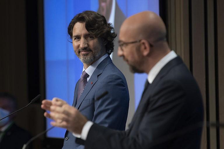 Trudeau and European Council President Charles Michel attend a joint news conference at the EU-Canada Summit on June 15, 2021 in Brussels, Belgium (Adrian Wyld/CP)
