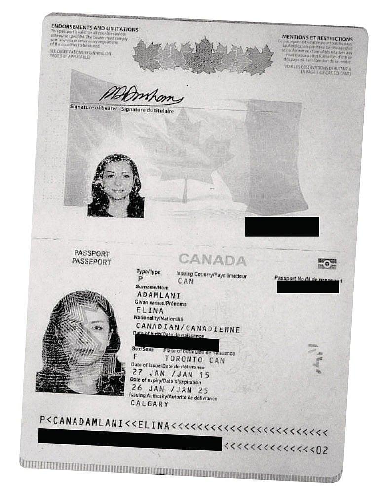 The falsified passport bearing Alizadeh’s face and the name Elina Adamlani.
