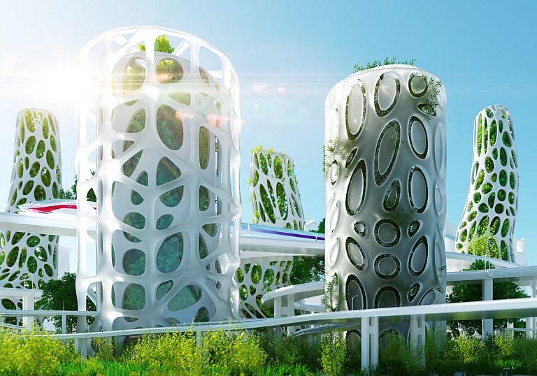 Digital generated image of abstract futuristic buildings with vertical gardens and speed train in between. (Andriy Onufriyenko/Getty Images)