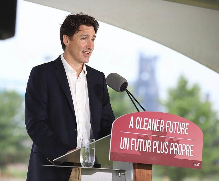Prime Minister Justin Trudeau makes an announcement after touring the Algoma Steel plant in Sault Ste. Marie, Ontario on Monday July 5, 2021. Trudeau is back on the road doling out hundreds of millions of dollars in climate spending from his Liberal government. THE CANADIAN PRESS/Gino Donato