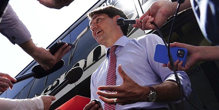Trudeau talks with reporters in Hamilton, Ont., on Aug 24, 2021 (Sean Kilpatrick/CP)