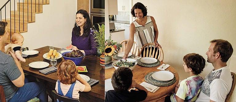 Lisa, Norbert and their kids (left) and Joanna and her family (right) at their respective dining room tables. (Photographs by Sylvie Li and Taylor Roades)
