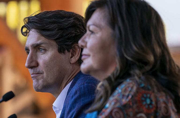 Justin Trudeau and Chief Rosanne Casimir in Kamloops, B.C. on Oct. 18, 2021. (Jonathan Hayward/Canadian Press)