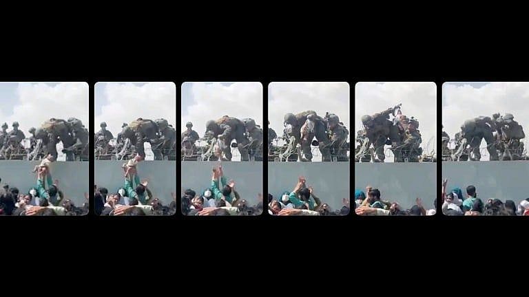 Multiple stills from the viral video showing a baby being lifted over the Kabul Airport wall in August, 2021. (@OmarHaidari1/Twitter)