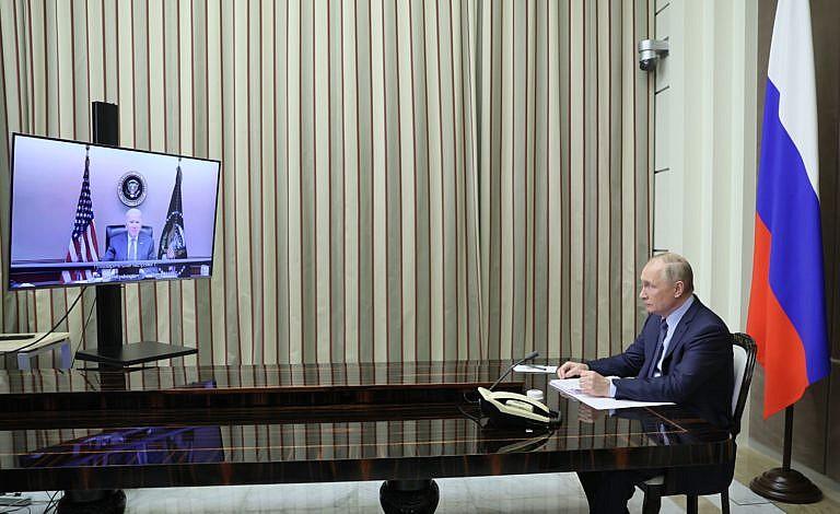 Putin is shown during his talks with Biden via videoconference in the Bocharov Ruchei residence in the Black Sea resort of Sochi, Russia, on Dec. 7, 2021 (CP/Mikhail Metzel, Sputnik, Kremlin Pool Photo via AP)