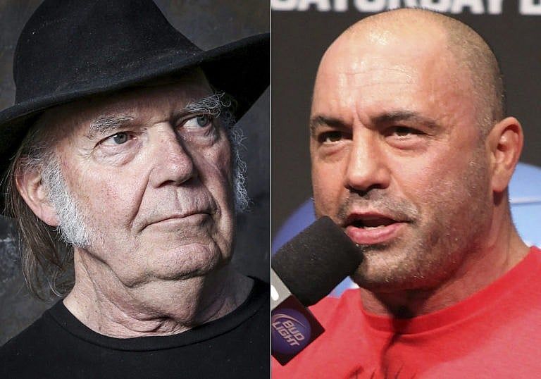 Neil Young in Calabasas, Calif., on May 18, 2016, and Joe Rogan in Seattle on Dec. 7, 2012 (AP Photo)