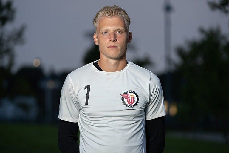 Svyatik Artemenko, a goalkeeper with Guelph United FC, had just landed a spot on a team in Ukraine when the war began. (Photograph courtesy of Guelph United F.C.)