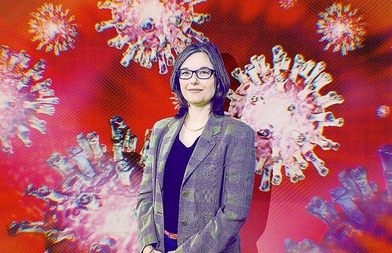 An image of a smiling woman in front of illustrations of pathogens