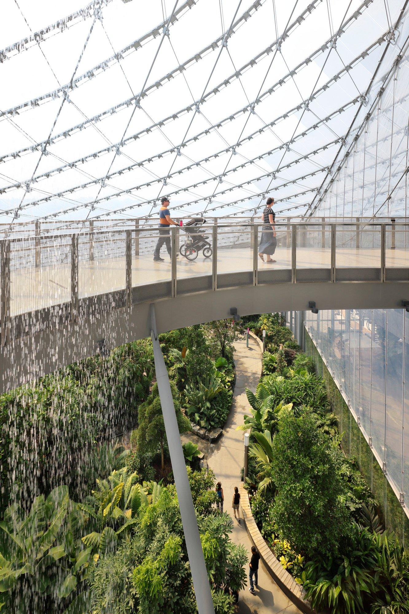 The Leaf relies on a geothermal heating system, which pulls in ground water, to regulate internal temps year-round. A 60-foot waterfall, visible from the raised walkway, tweaks the humidity levels.